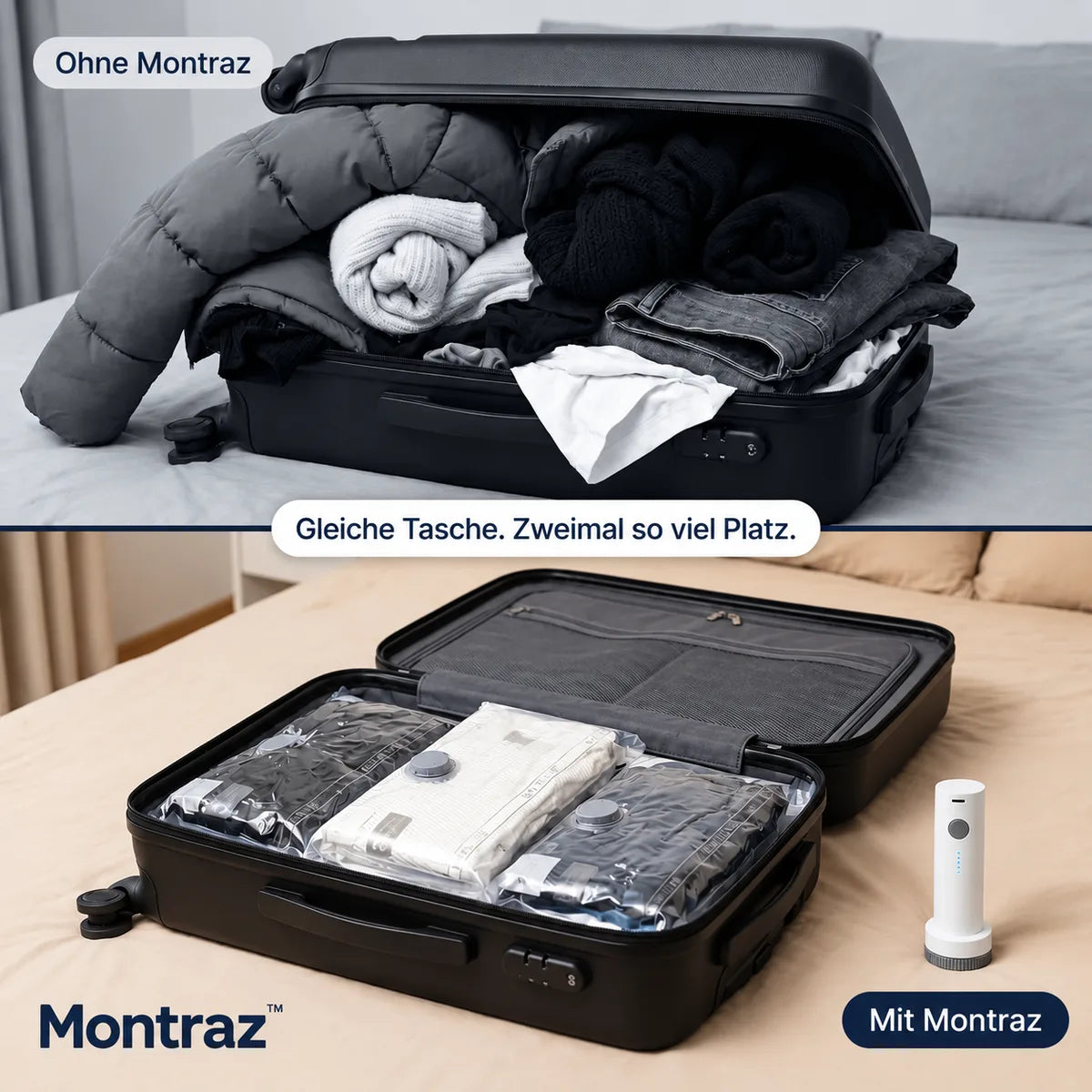 Montraz™ Reise-Vakuumbeutel mit wiederaufladbarer Pumpe